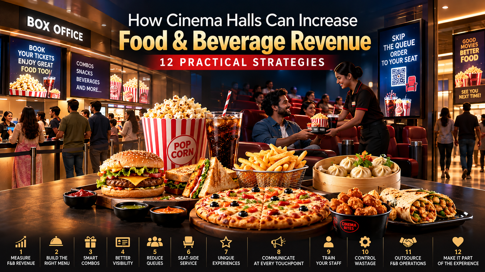 Cinema F&B revenue growth strategies with food displays, seat-side service and customer touchpoints