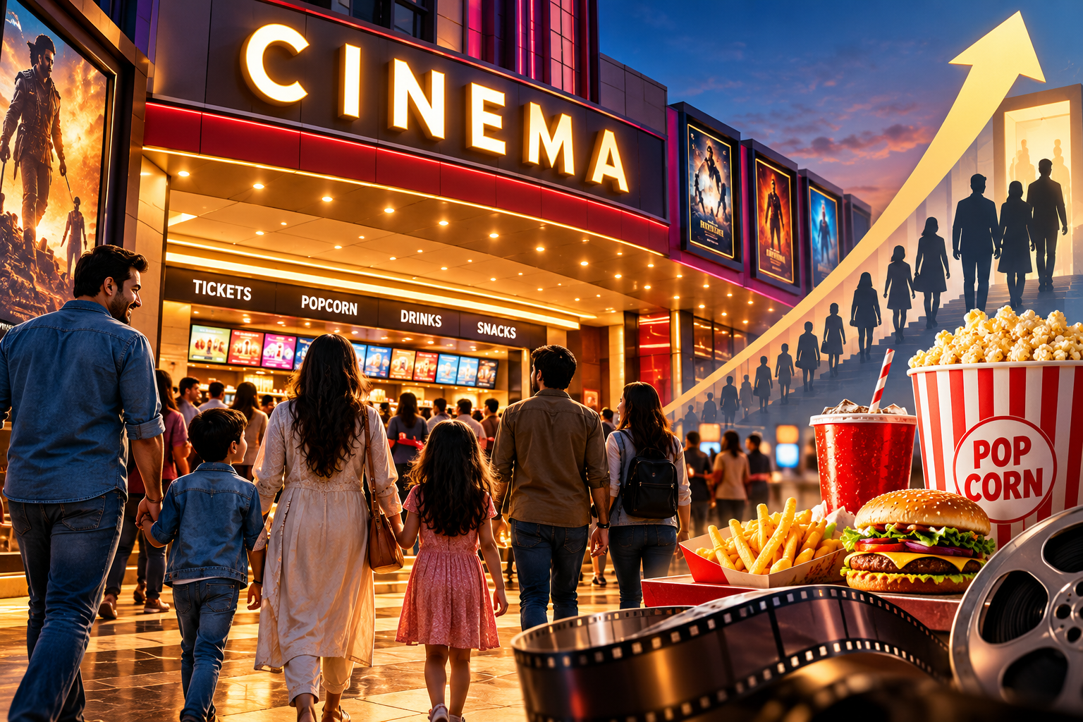 Families and moviegoers arriving at an Indian cinema hall, with an upward arrow illustrating audience growth
