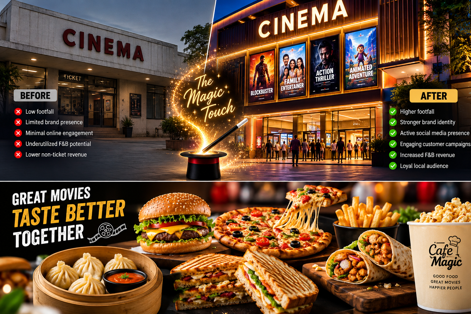 Conceptual before-and-after illustration of an independent cinema with branding, audience engagement and food offerings